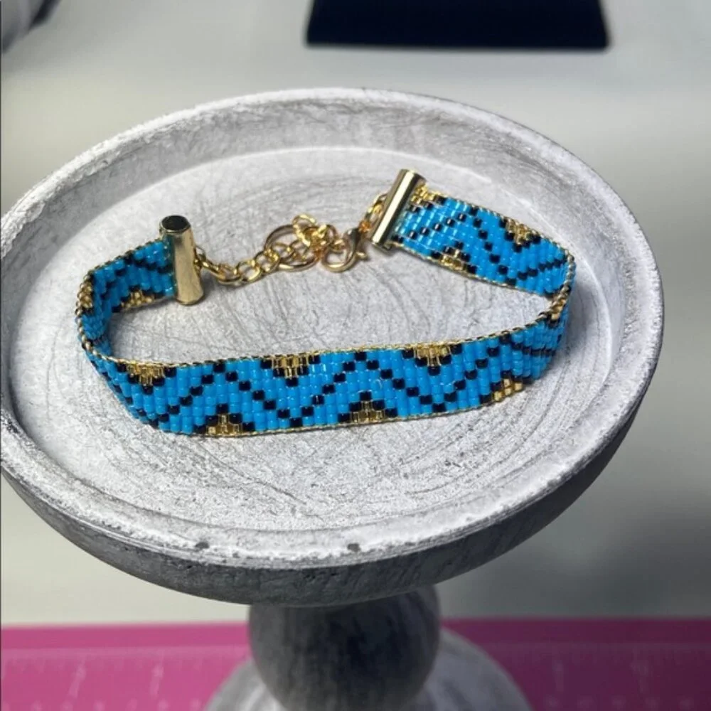 Handcrafted Loom-Beaded Bracelet Blue, Black and Gold Miyuki Delica Seed Beads